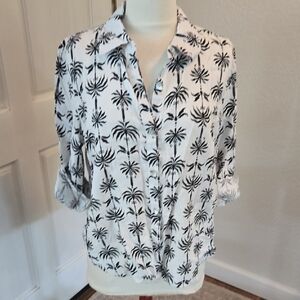 Nicole Miller White Button-Down Shirt with Black Palm Print